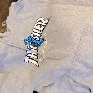 Thrasher Light Grey Hoodie with Blue Graphic